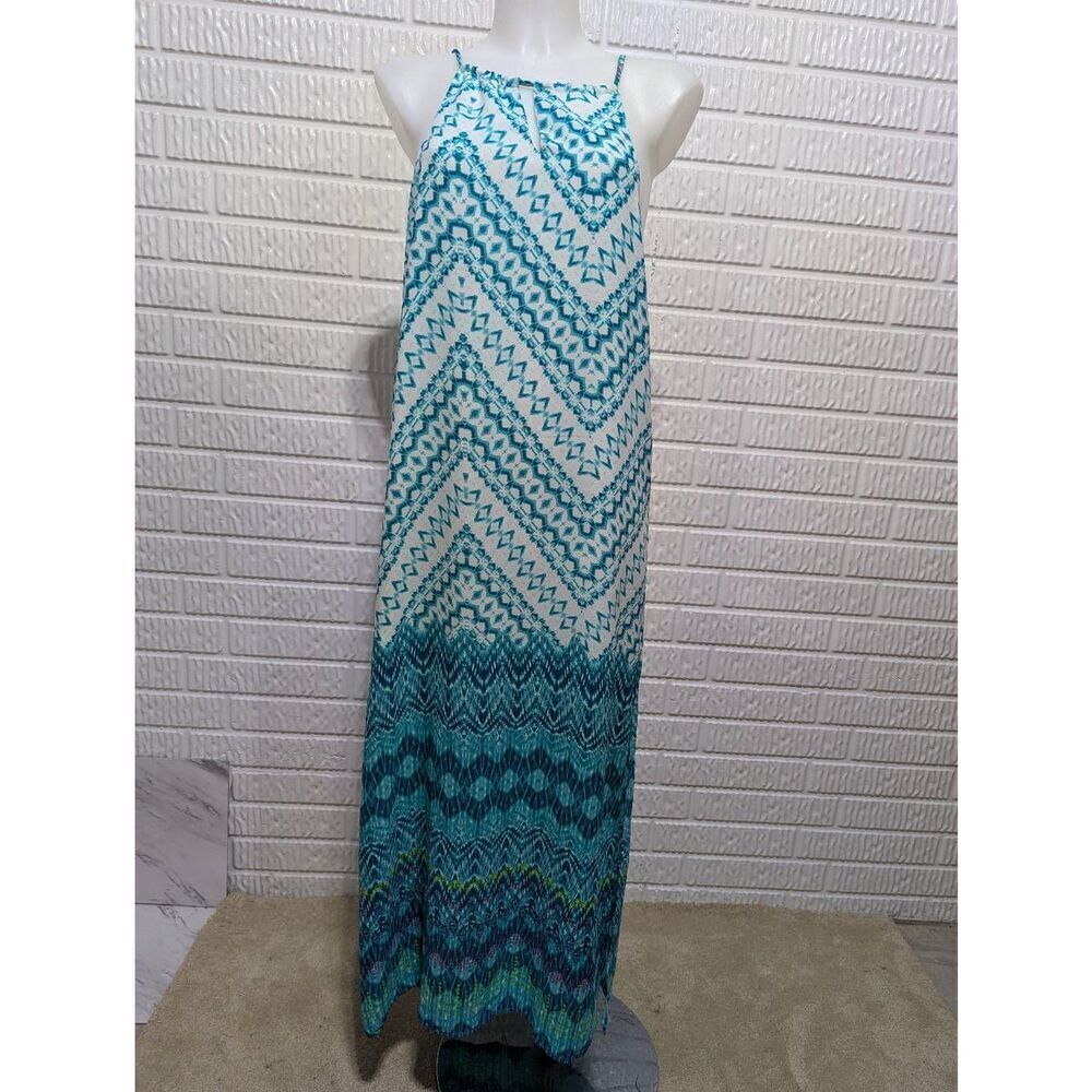 Love...Ady Women's Multi-Color Sleeveless Tie Neck Turquoise Maxi Dress Small